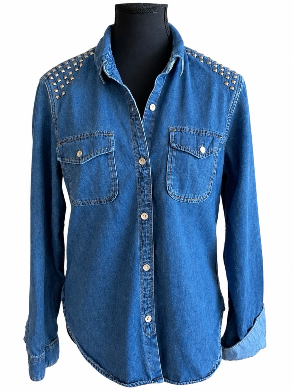 GAP 969 Blue Denim Shirt with Studded Shoulder Detail Size S